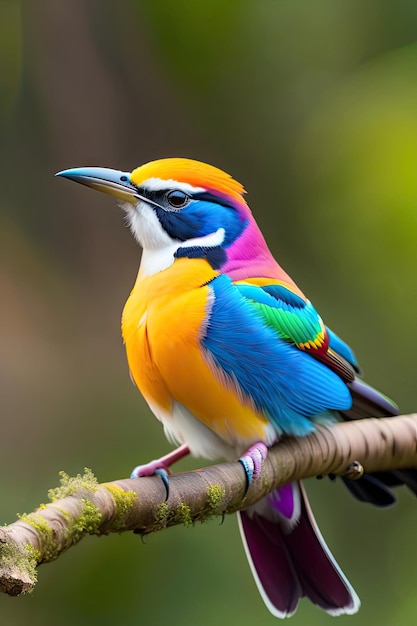 Un pájaro exótico de colores en primer plano Un paisaje forestal de fondo azulado