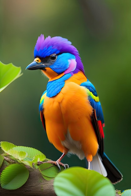 Un pájaro exótico de colores en primer plano Un paisaje forestal de fondo azulado