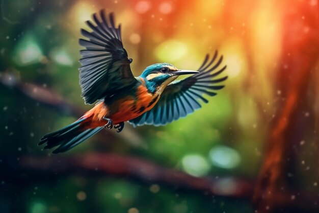 Pájaro exótico colorido en vuelo Paisaje forestal de fondo IA generativa