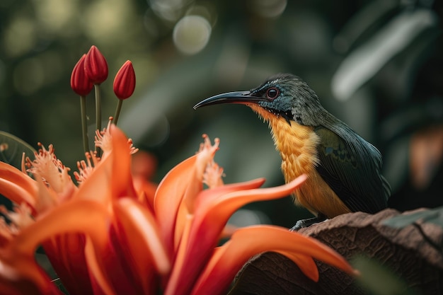 Pájaro exótico posado en una flor tropical en un jardín creado con ai generativo
