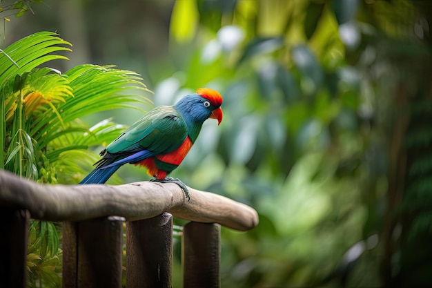 Pájaro exótico posado en una percha de madera entre una exuberante vegetación creada con ai generativo