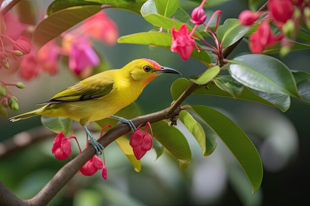 Pájaro exótico posado en la rama de un árbol floreciente en un jardín tropical creado con ai generativo