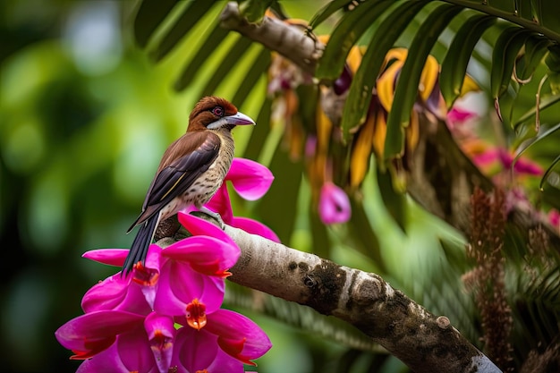 Pájaro exótico posado sobre una orquídea floreciente en un jardín tropical creado con ai generativo