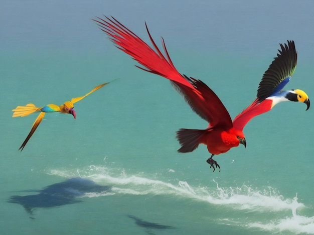 Foto un pájaro exótico vuela sobre el agua generada