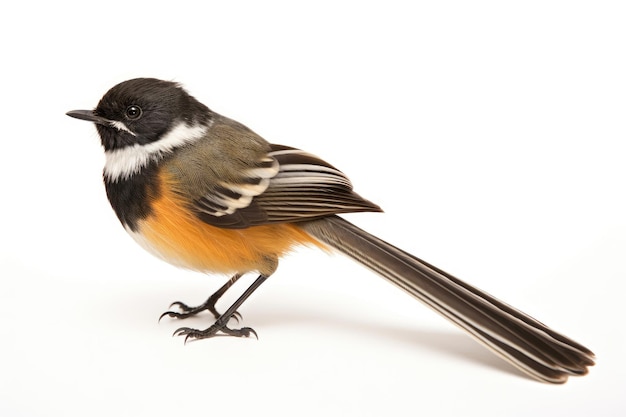 Pájaro Fantail de Nueva Zelanda sobre un fondo blanco.