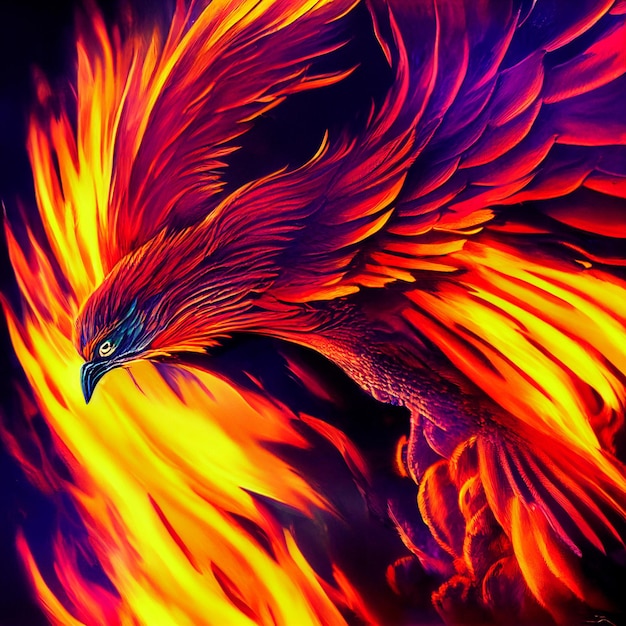 Pájaro fénix en llamas pájaro fénix mitológico con llamas ilustración de fantasía