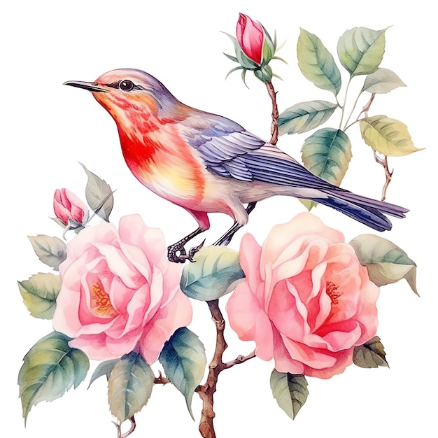 Pájaro de la fiesta del té sentado en una rama de rosa ilustración acuarela imágenes prediseñadas de la fiesta del té