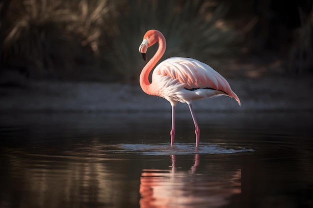 Pájaro flamenco caminando sobre un río y mirando hacia un lado