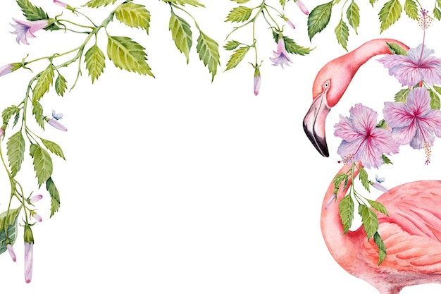 El pájaro flamenco y las flores rosadas del hibisco con elegantes hojas y brotes botánicos tarjetas de felicitación exóticas