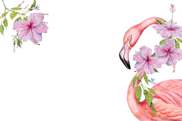 El pájaro flamenco y las flores rosadas del hibisco con elegantes hojas y brotes botánicos tarjetas de felicitación exóticas
