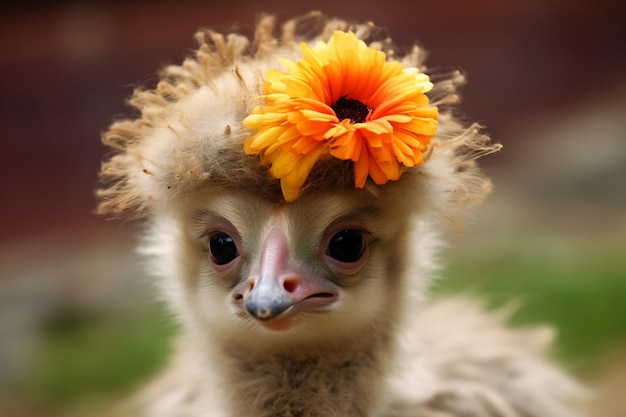 Un pájaro con una flor en la cabeza.