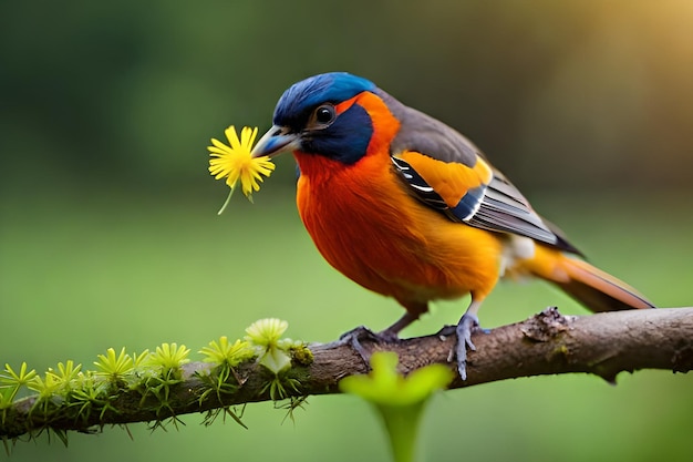 Un pájaro con una flor en el pico