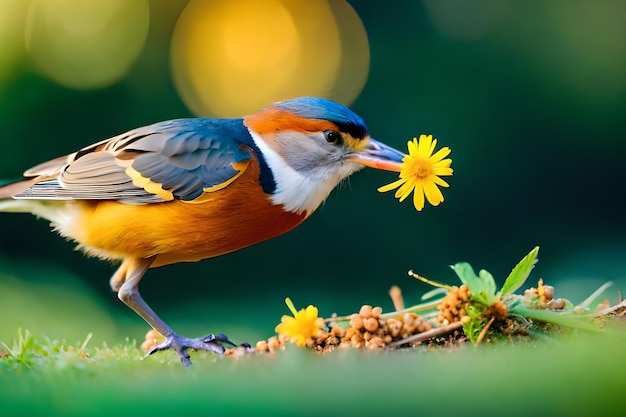 Un pájaro con una flor en el pico