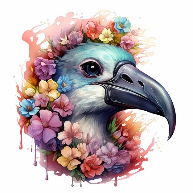 un pájaro con flores en la cabeza es atraído por un pájaro.