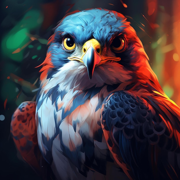 Un pájaro con un fondo azul y rojo.