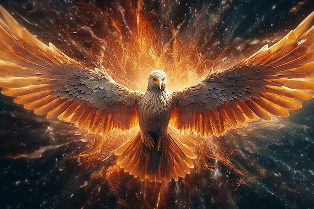 Un pájaro de fuego con alas extendidas y la palabra fuego en él.