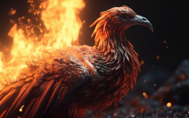 Un pájaro de fuego con llamas en el fondo.