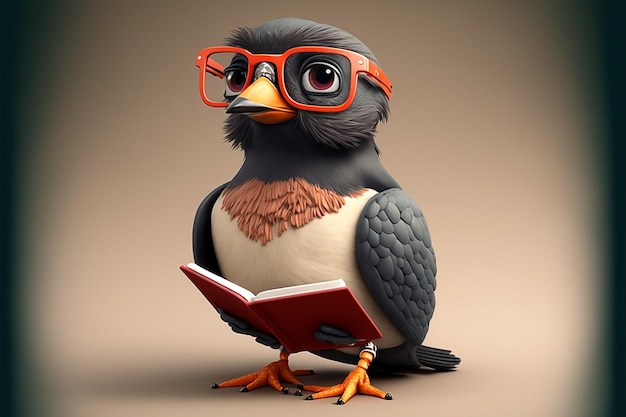 Un pájaro con gafas leyendo un libro.