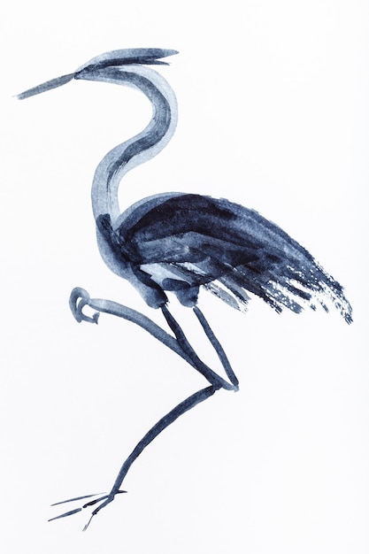 Pájaro garza dibujado por acuarelas negras