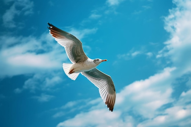 El pájaro gaviota vuela en el cielo azul