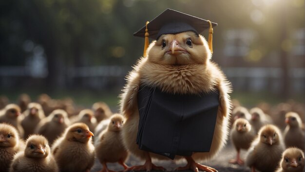 un pájaro con una gorra de graduación en la cabeza y un pato en el fondo