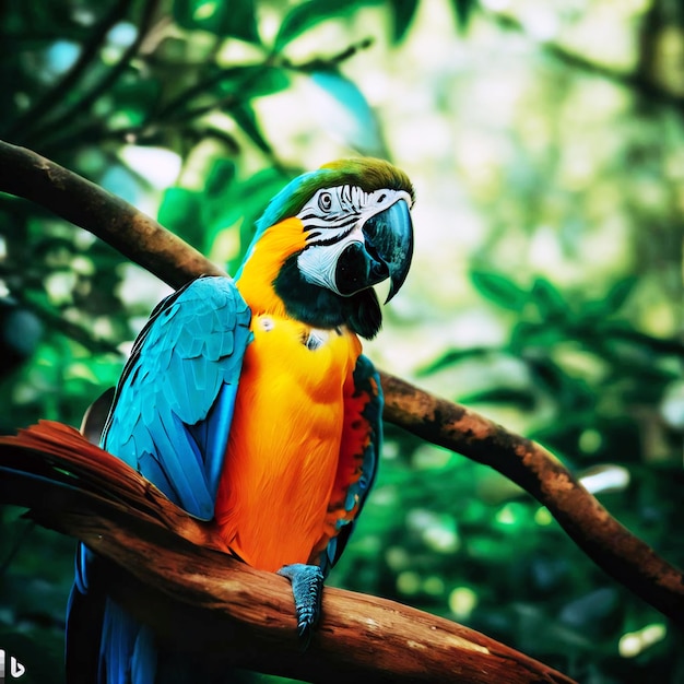 Pájaro guacamayo sentado en un árbol en la jungla generado por IA