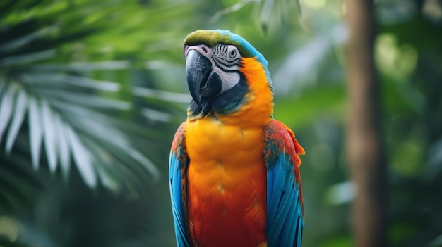 El pájaro guacamayo vibrante en una rama tropical