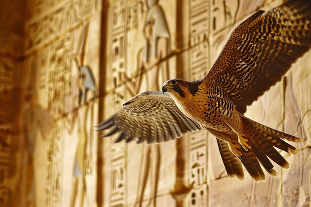 Foto un pájaro con un halcón en sus alas está volando frente a una pared con la palabra h en él