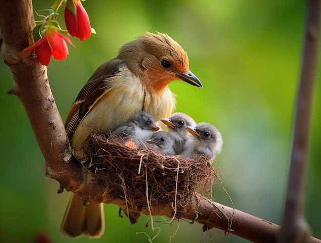 El pájaro hembra con los polluelos