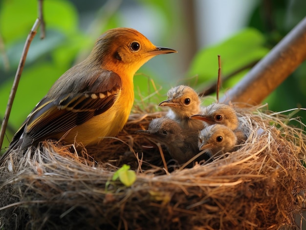 El pájaro hembra con los polluelos