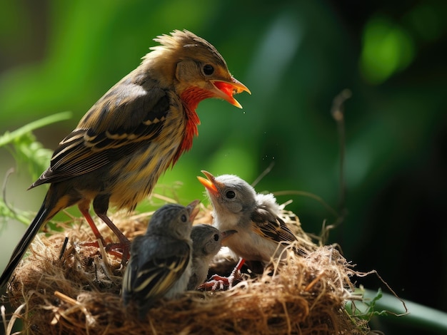 El pájaro hembra con los polluelos