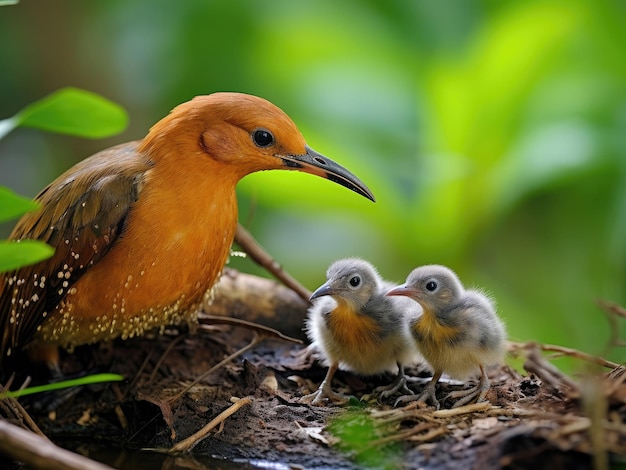 El pájaro hembra con los polluelos