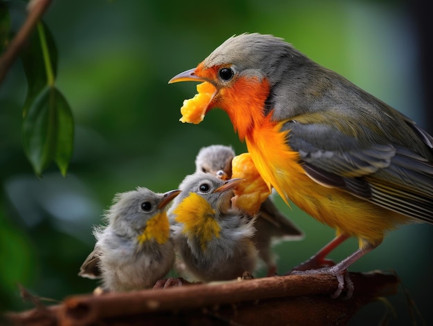 El pájaro hembra con los polluelos