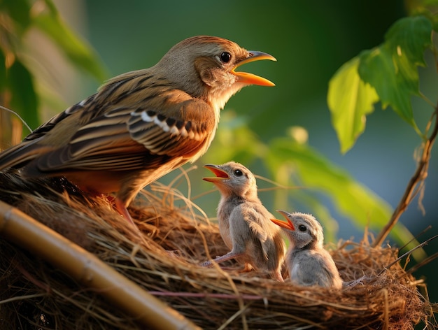 El pájaro hembra con los polluelos