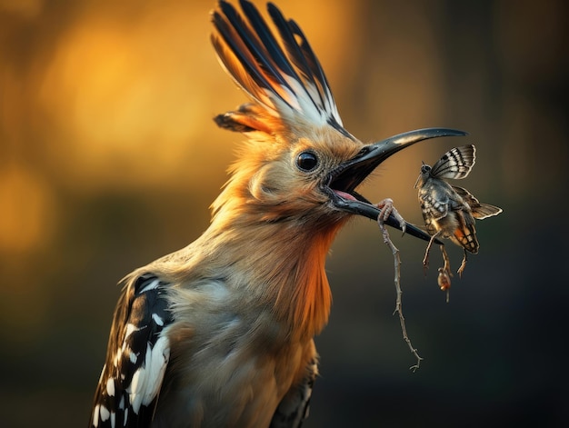 El pájaro Hoopoe de Eurasia con su captura