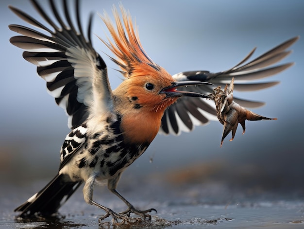 El pájaro Hoopoe de Eurasia con su captura