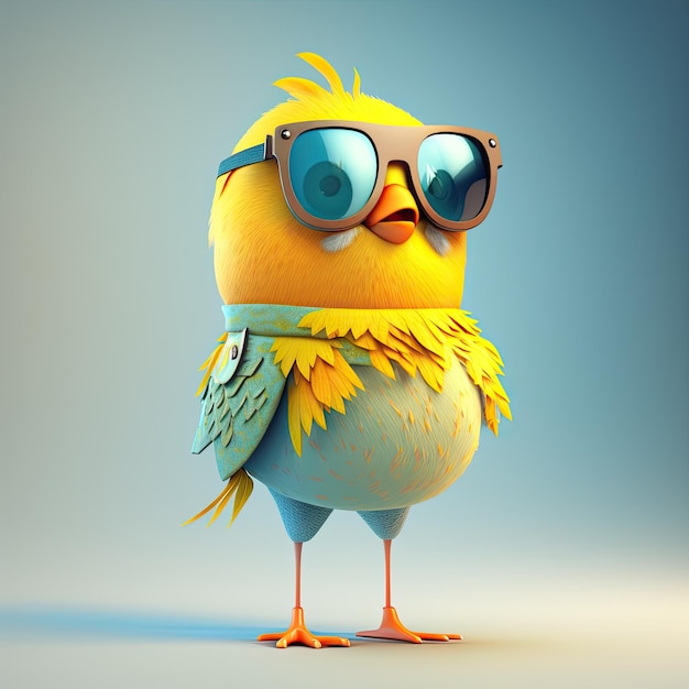 Pájaro infantil divertido con gafas de sol sobre un fondo de color IA generativa