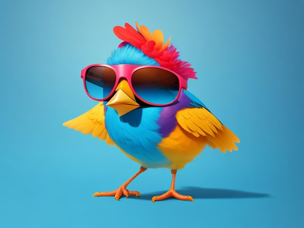 pájaro infantil gracioso con gafas de sol en el fondo de color