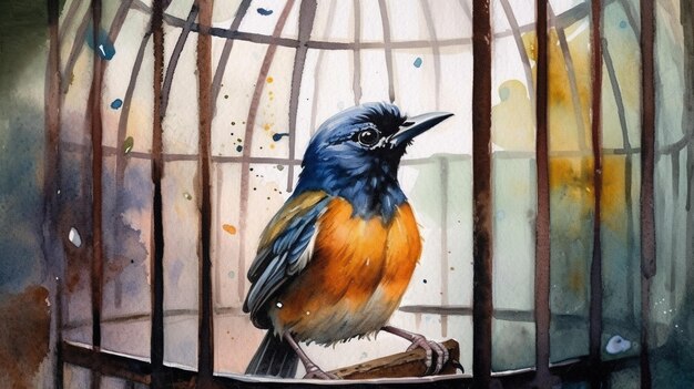 Foto un pájaro en una jaula de pájaros se muestra con un pájaro azul y naranja en ella.