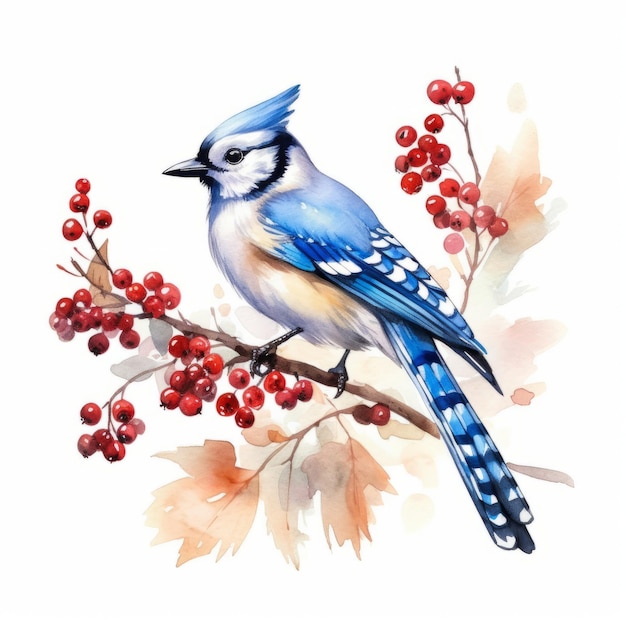 El pájaro jay azul en una rama con bayas