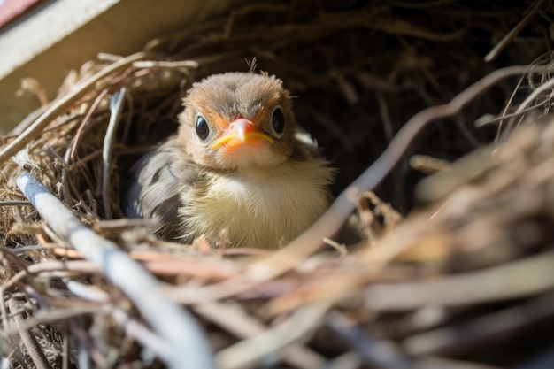 Un pájaro joven en un nido con un ala deformada