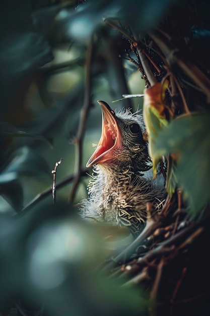 Foto un pájaro joven en el nido con la boca abierta esperando ser alimentado