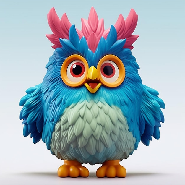 Pájaro de juguete de colores brillantes con ojos grandes y plumas rosadas
