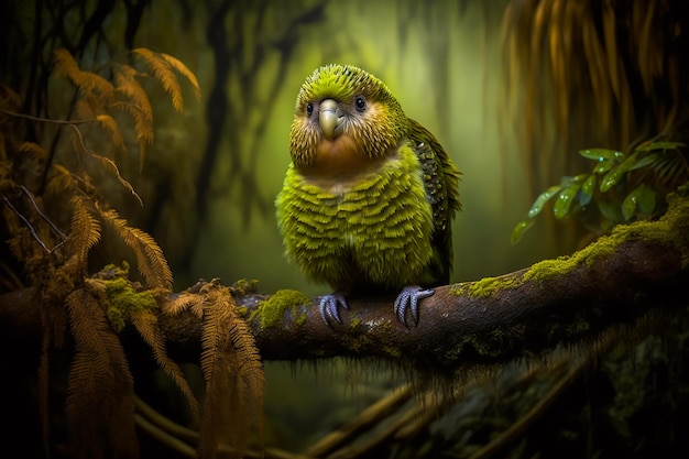 pájaro El Kakapo Strigops habroptilus posado en una rama