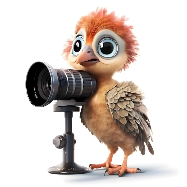 Pájaro lindo con una cámara y una representación 3d del casco
