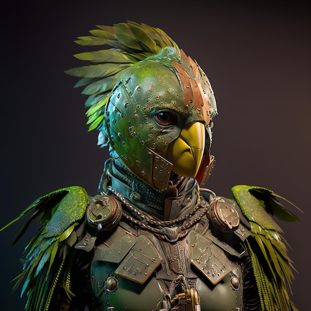 pájaro loro en cyberpunk futurista robótico metal antiguo armadura rústica trajes