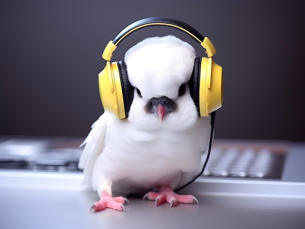 Pájaro loro lindo y adorable con auricular en la cabeza