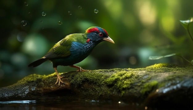 Pájaro macho en peligro de extinción se posa en una rama verde generada por IA