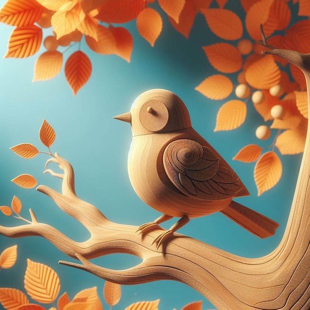 Pájaro de madera en un árbol con hojas de otoño ilustración 3d en fondo azul