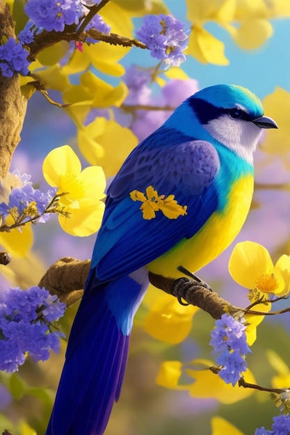 Un pájaro majestuoso con una cabeza amarilla besada por el sol y ojos azules celestes posado sobre una rama vibrante de d